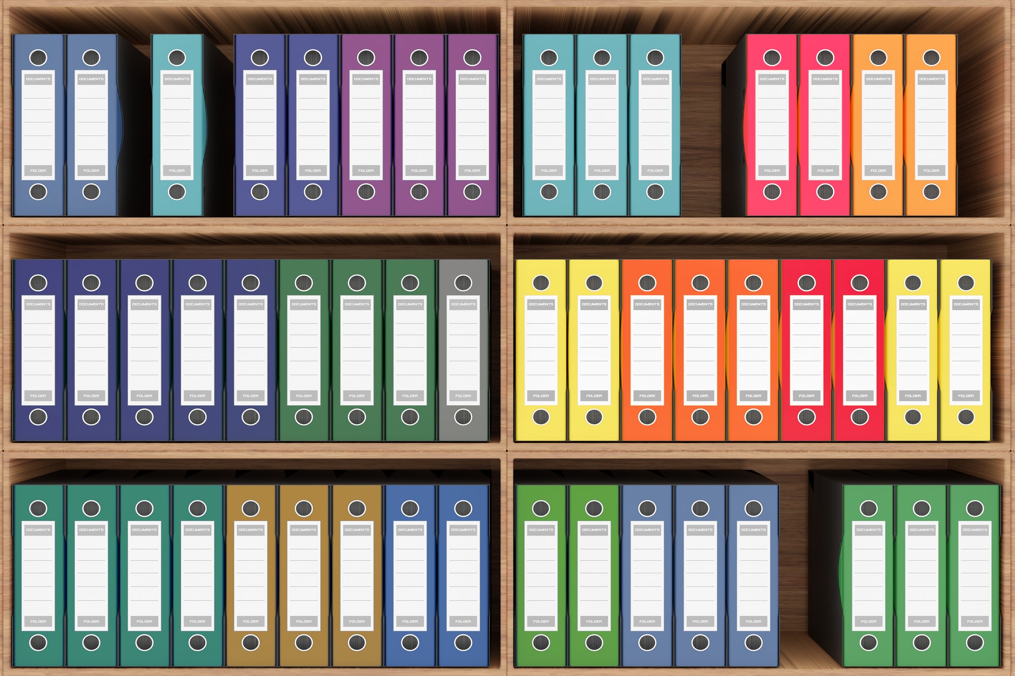 Shelf with binder series. Colored document folders - 3D illustration
